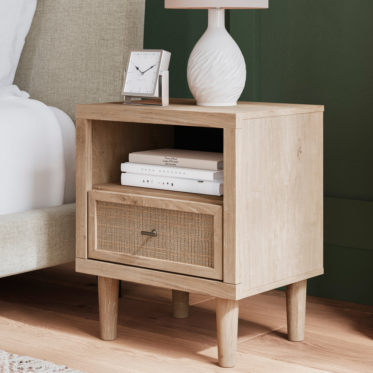 Table de chevet en bois/placage beige avec 1 tiroir & lumière DEL - Cielden