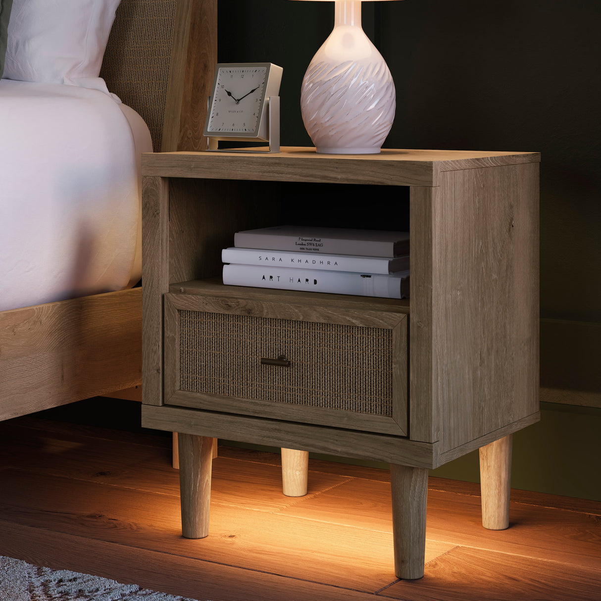 Table de chevet en bois/placage beige avec 1 tiroir & lumière DEL - Cielden