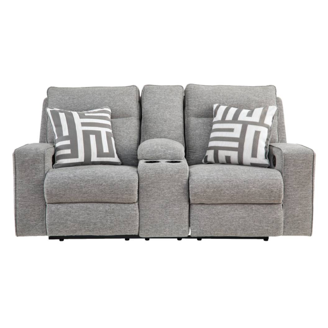 Causeuse motorisée en tissu gris pâle avec console - Biscoe