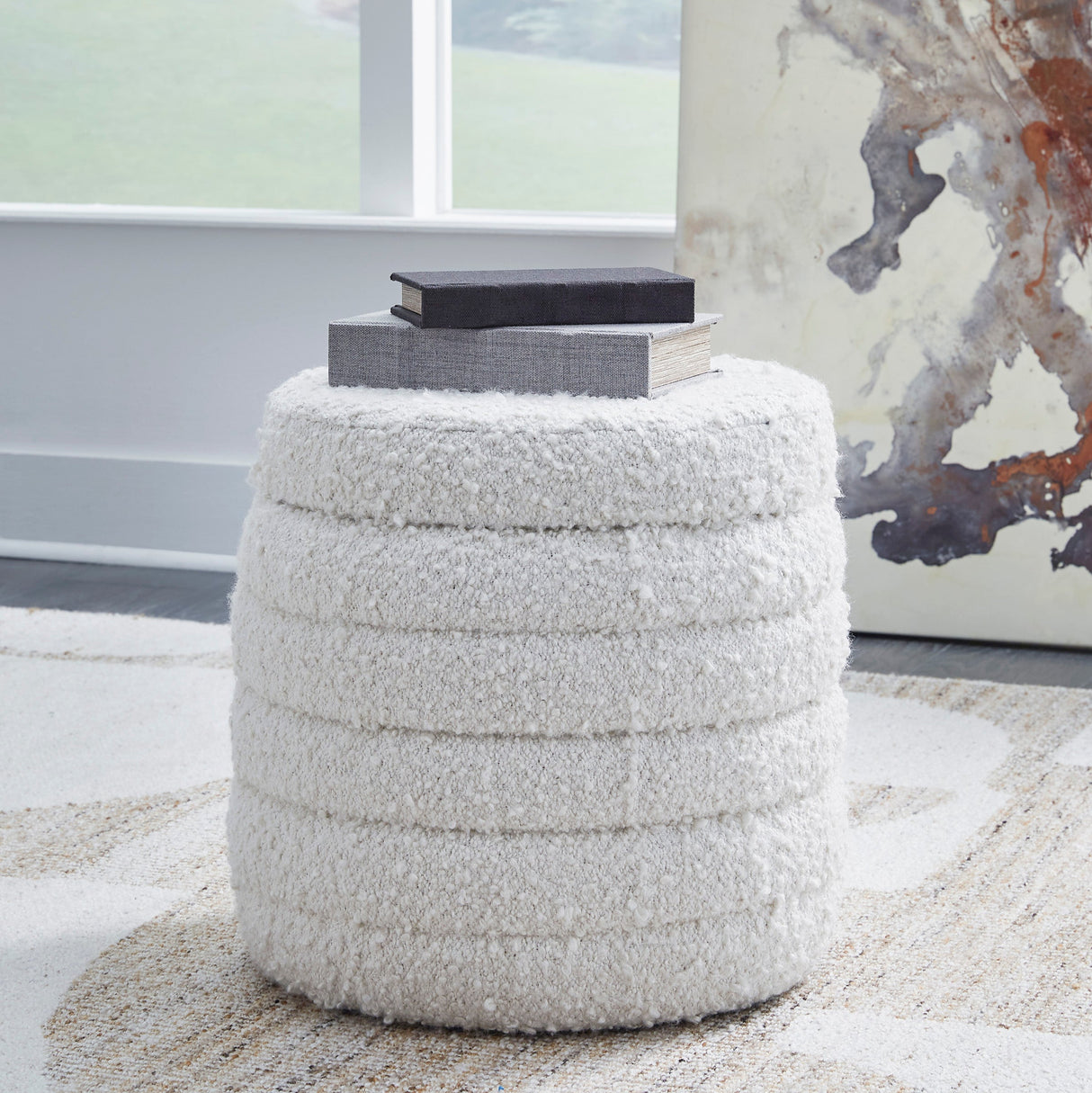 Pouf de rangement en tissu bouclé blanc - Duntler