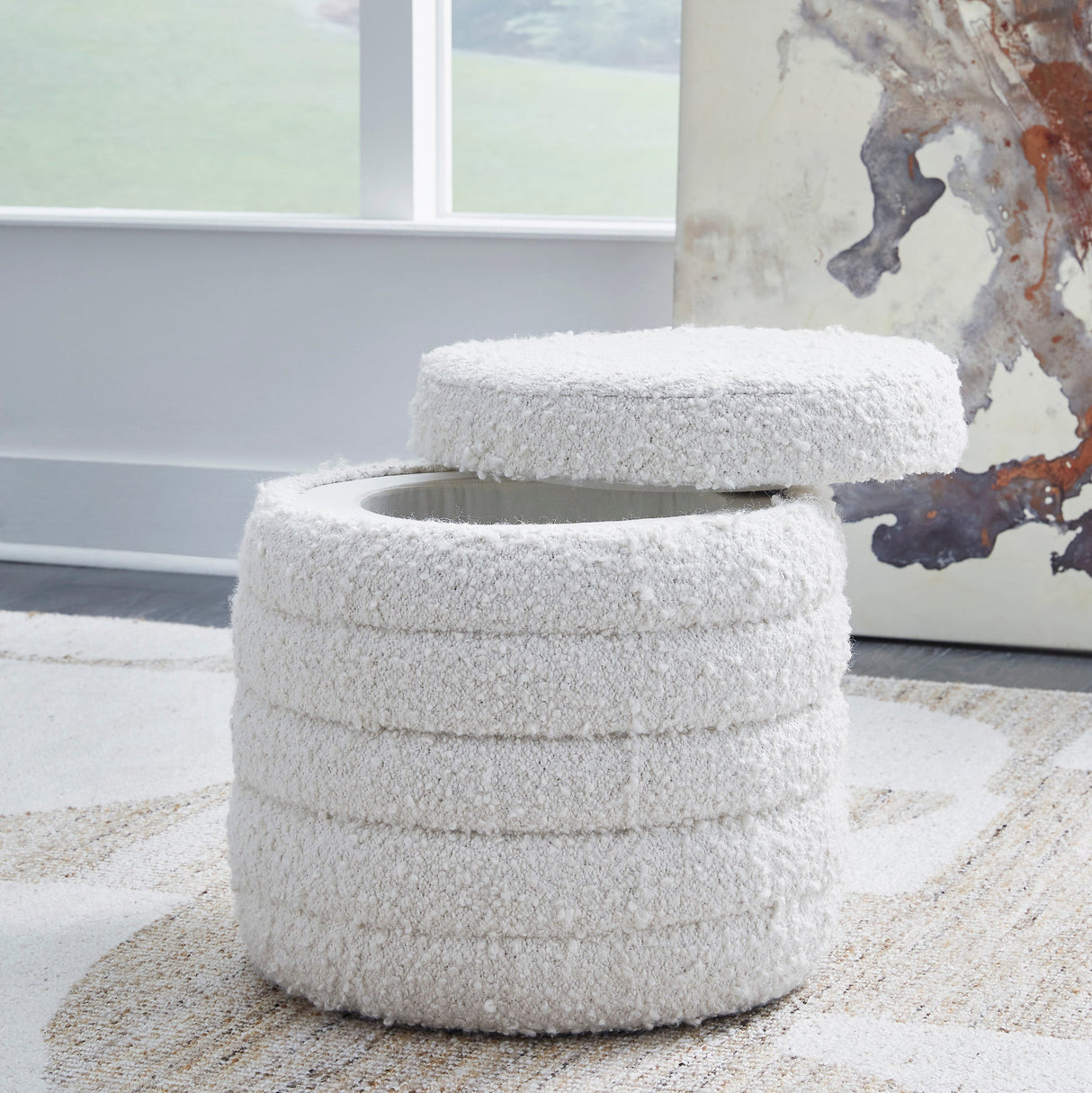 Pouf de rangement en tissu bouclé blanc - Duntler