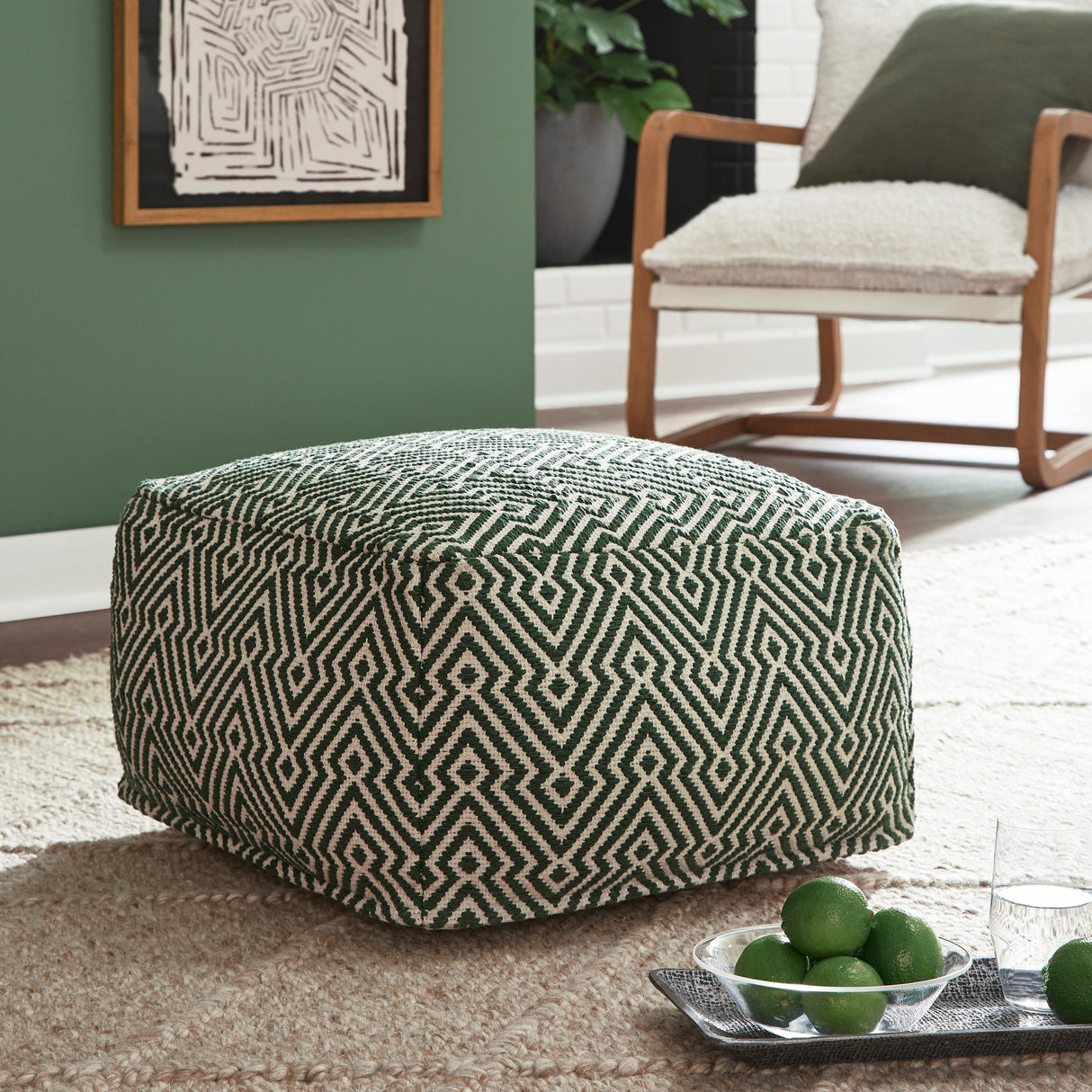 Ottoman en tissu vert et ivoire - Abacy