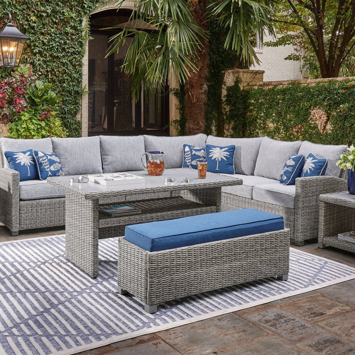 Banc bleu tissu osier en résine - Naples Beach