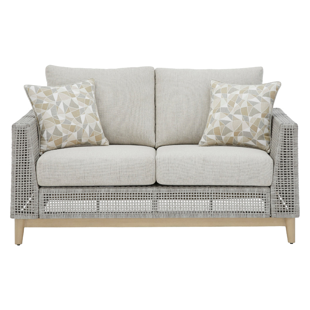 Causeuse extérieure en tissu Nuvella et en osier gris pâle avec coussins - Seton Creek