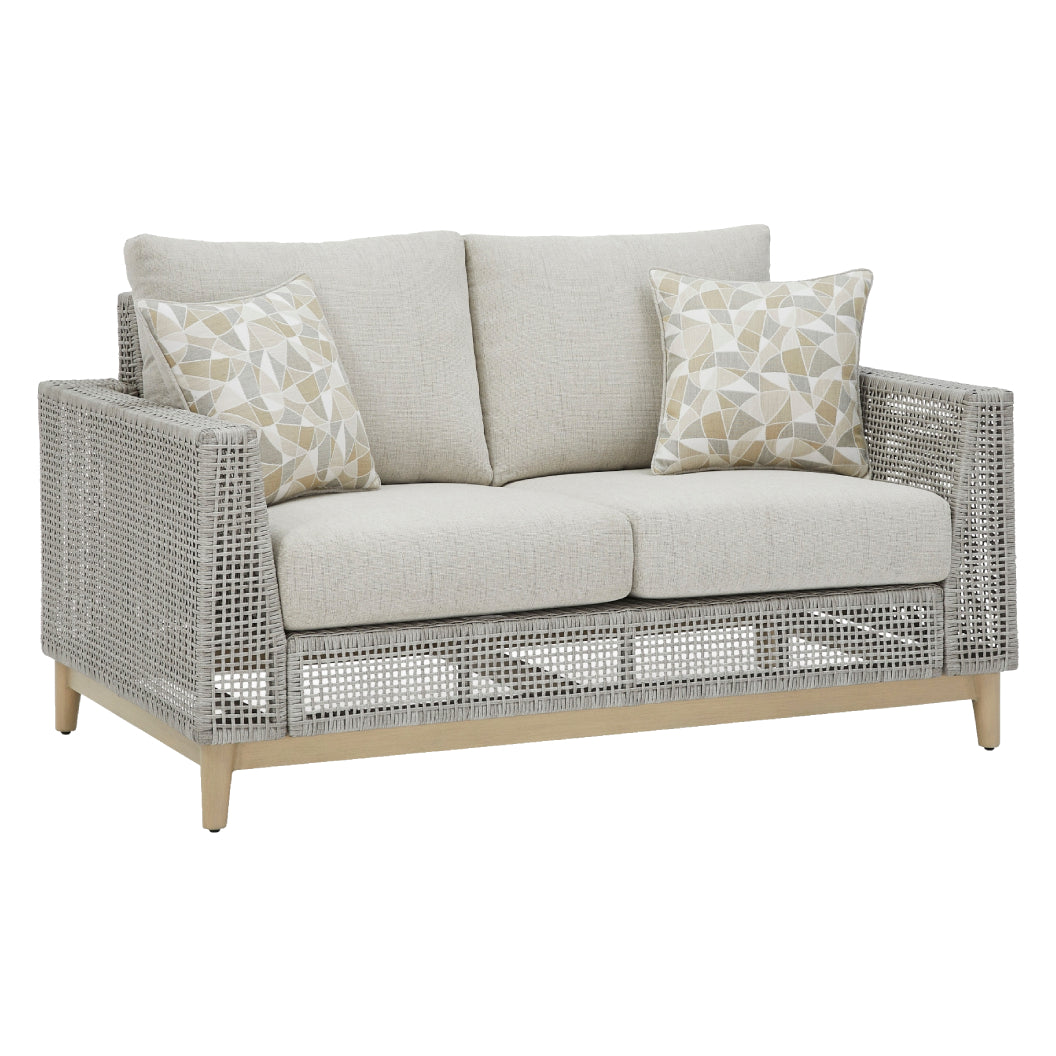 Causeuse extérieure en tissu Nuvella et en osier gris pâle avec coussins - Seton Creek