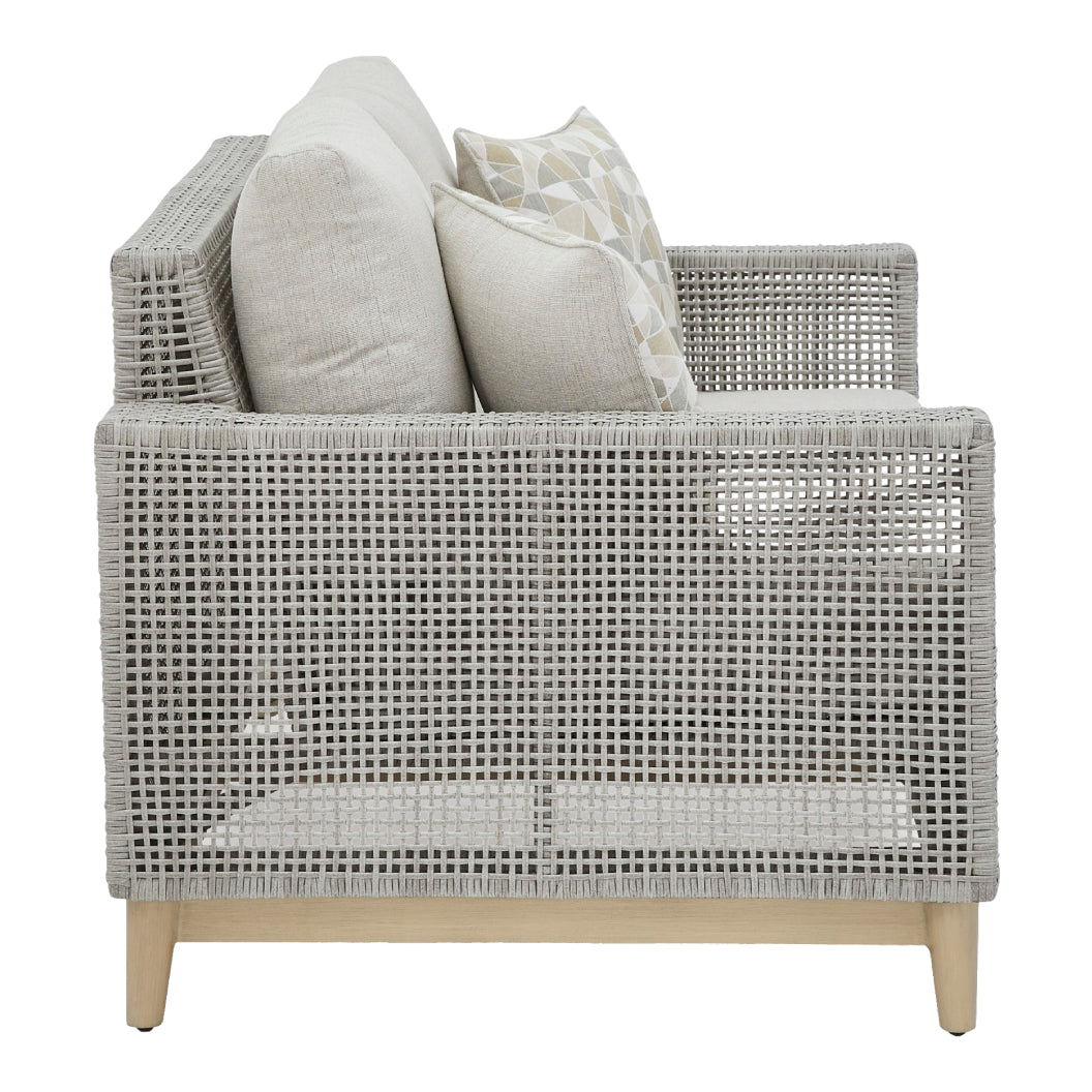 Causeuse extérieure en tissu Nuvella et en osier gris pâle avec coussins - Seton Creek