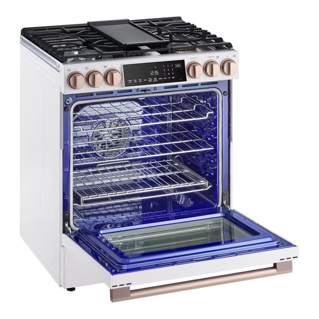 Cuisinière au gaz encastrable 30 po, 6,3 pi³ Blanc avec Convection ProBake®, InstaView® et Wi-Fi - White Essence