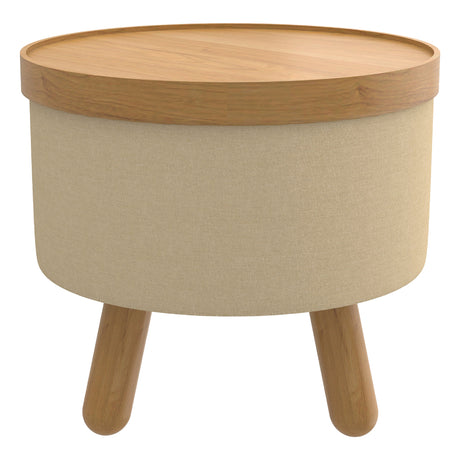 Pouf de rangement en tissu beige pâle et bois d'hévéa - Betsy