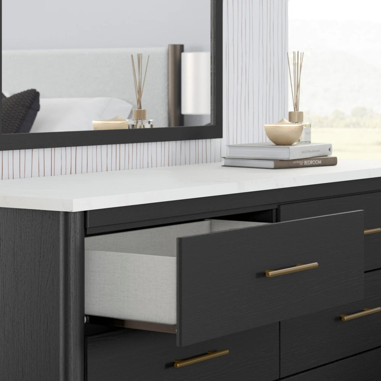 Bureau à 6 tiroirs en marbre blanc et bois noir - Cadmori