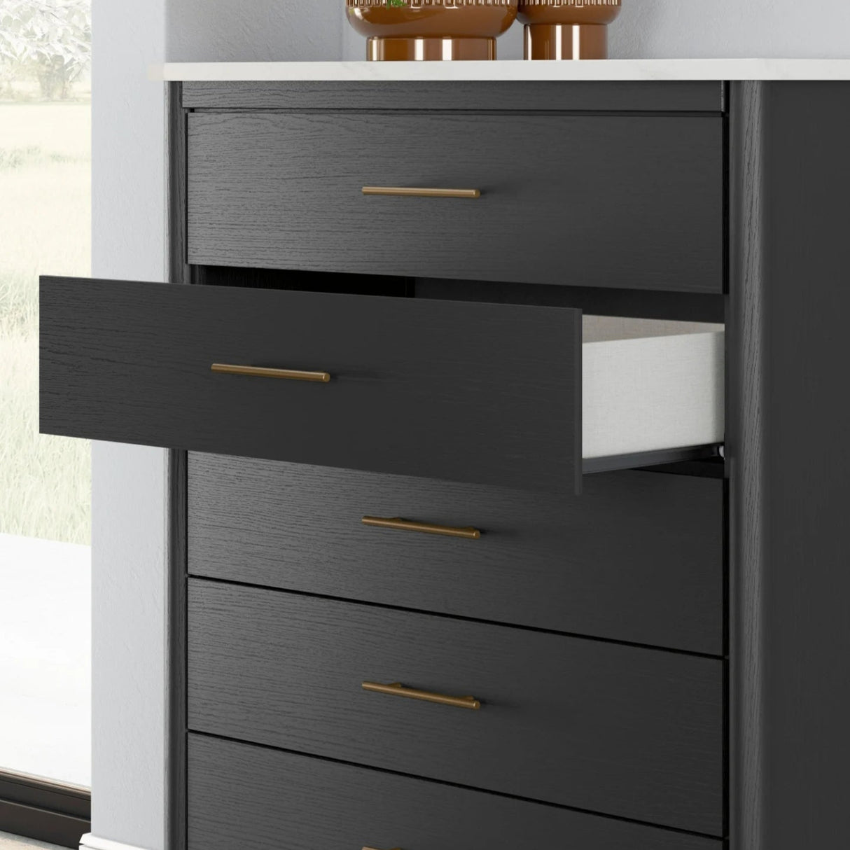 Commode à 5 tiroirs en marbre blanc et bois noir - Cadmori