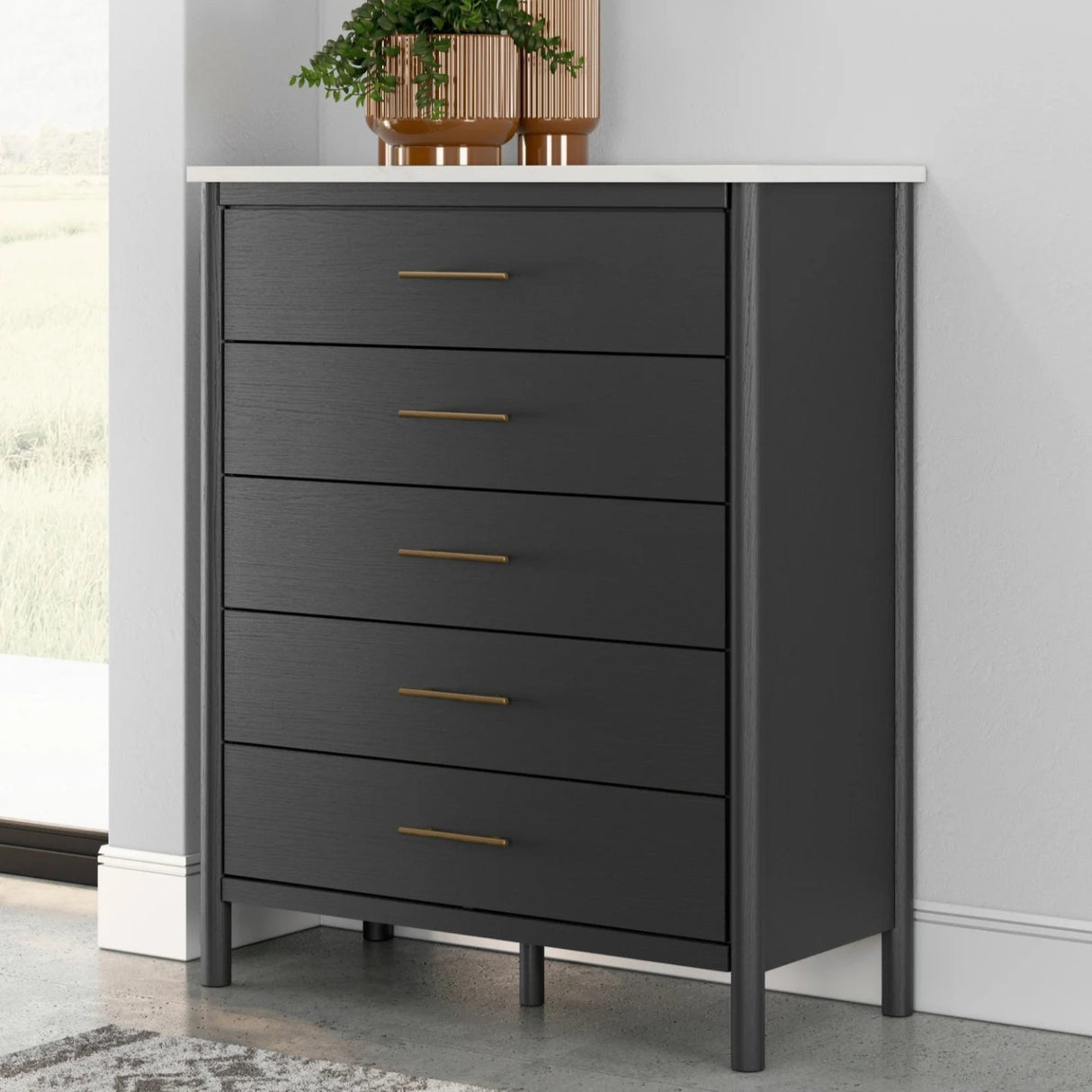 Commode à 5 tiroirs en marbre blanc et bois noir - Cadmori