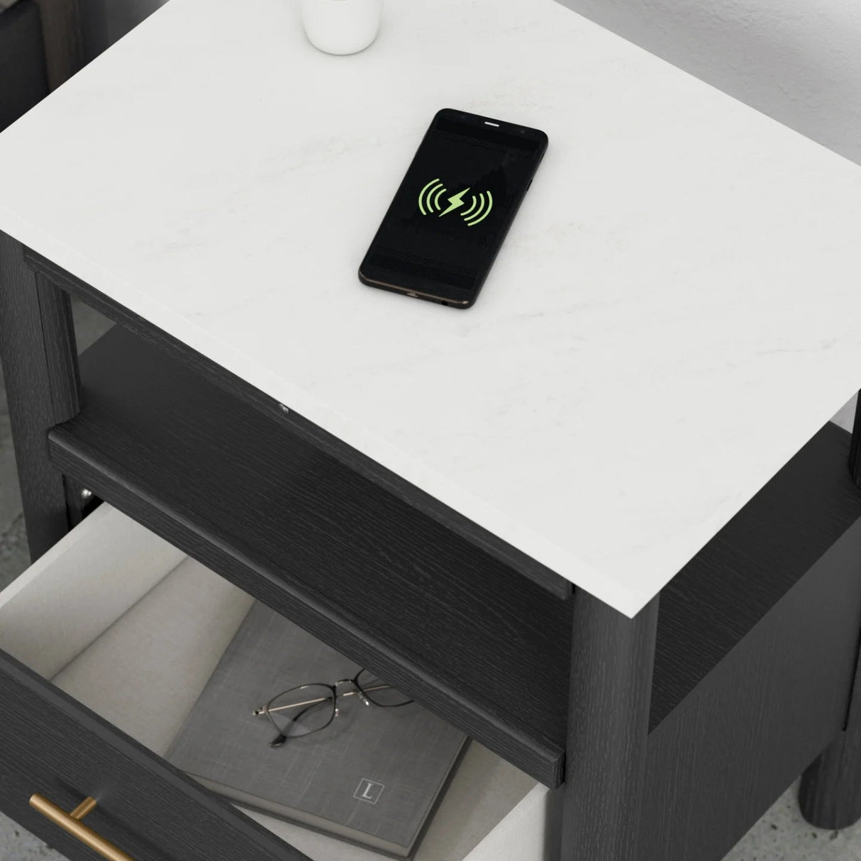 Table de chevet à 1 tiroir en marbre blanc répliqué et bois noir - Cadmori