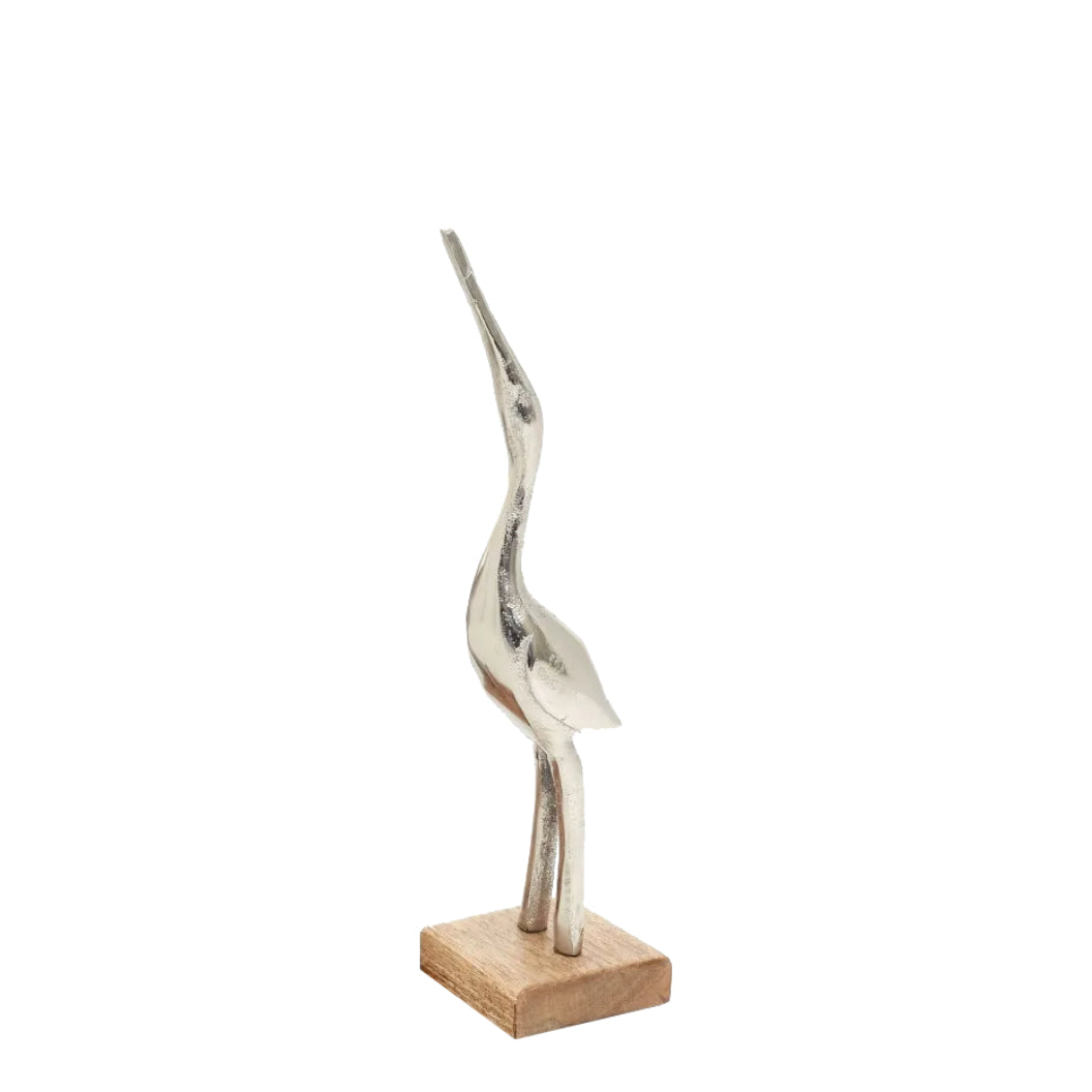 Sculpture en forme de cigogne en aluminium brut argenté