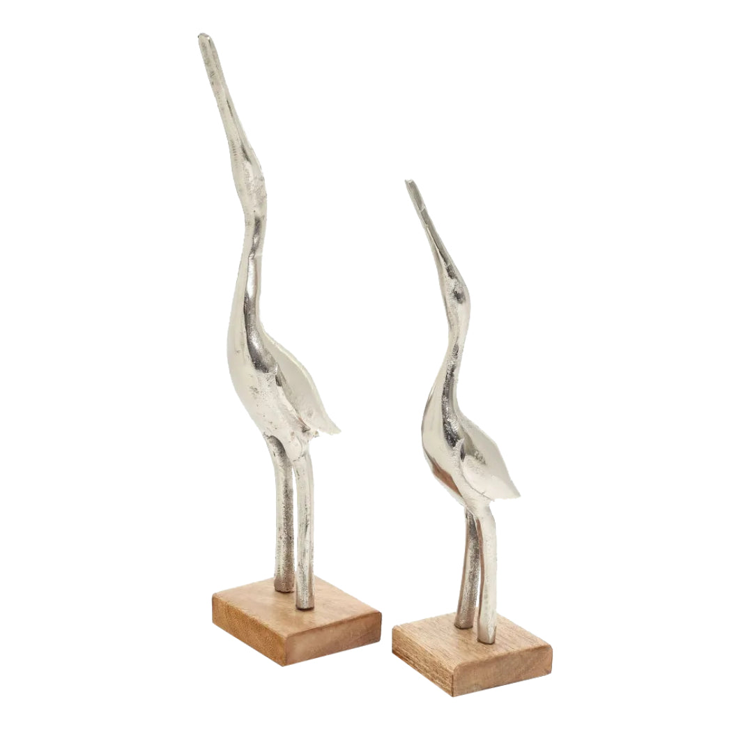 Sculpture en forme de cigogne en aluminium brut argenté