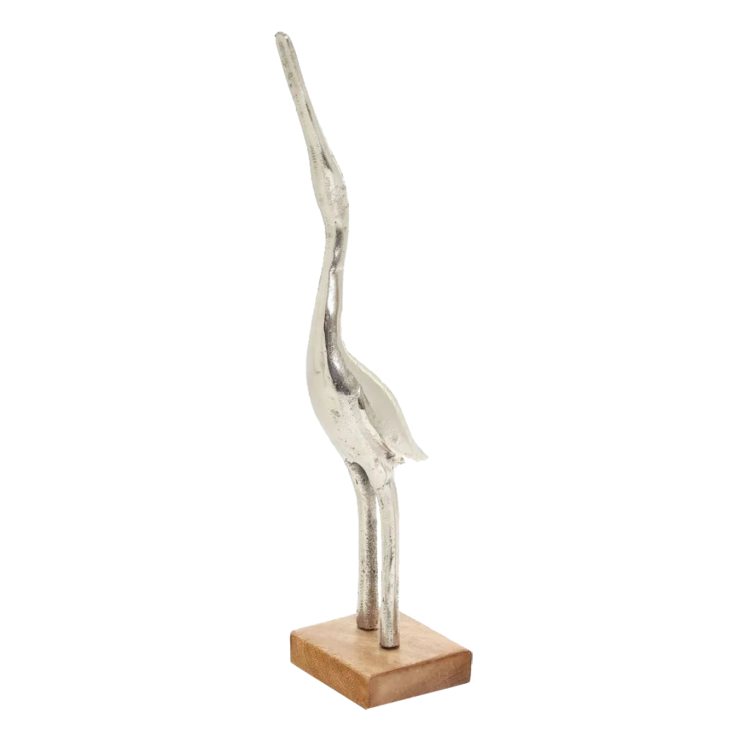 Sculpture en forme de cigogne en aluminium brut argenté