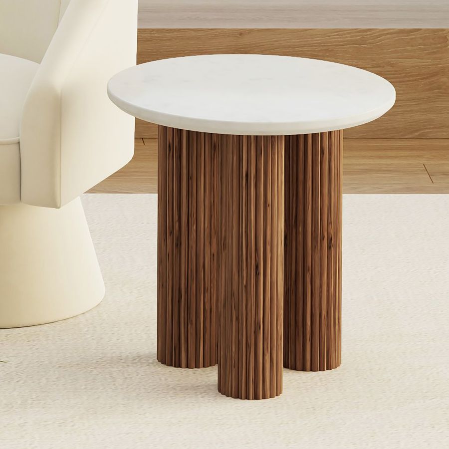 Table d'appoint en marbre blanc et bois de manguier - Jilsa