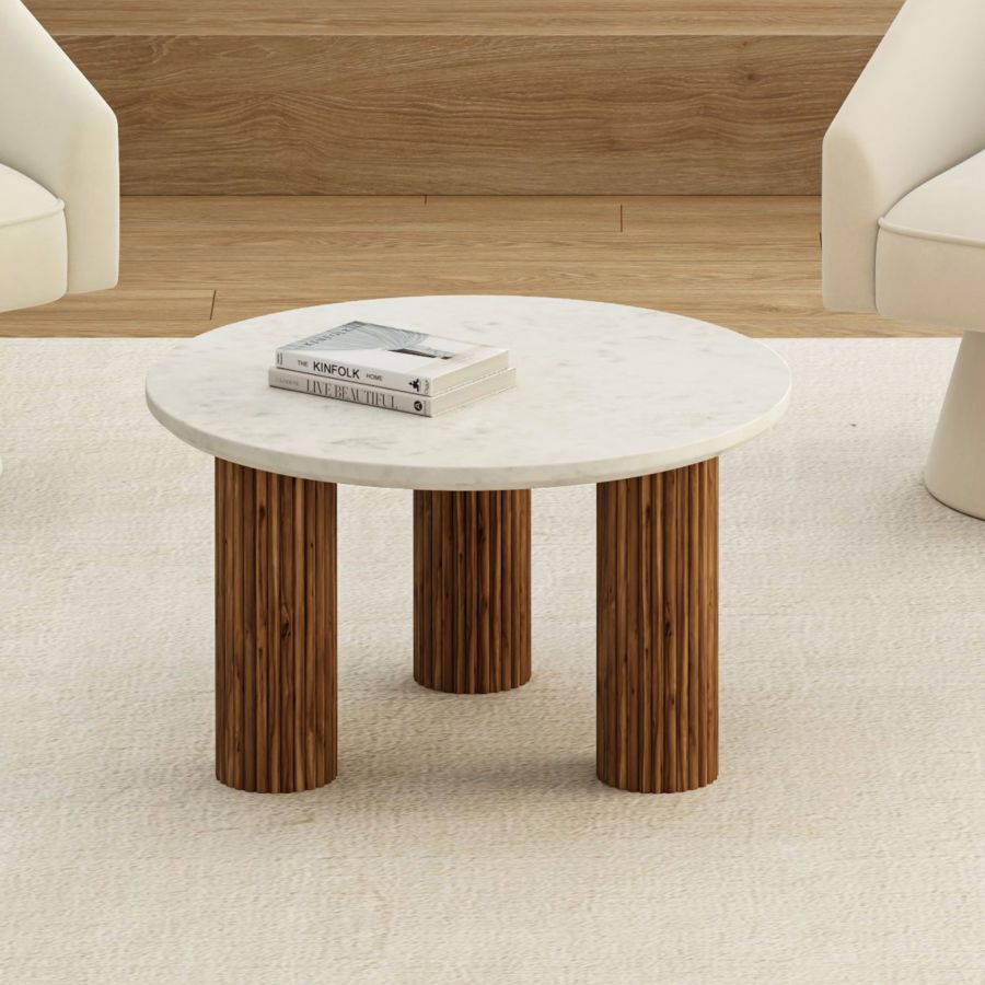 Table basse en marbre blanc et bois de manguier - Jilsa