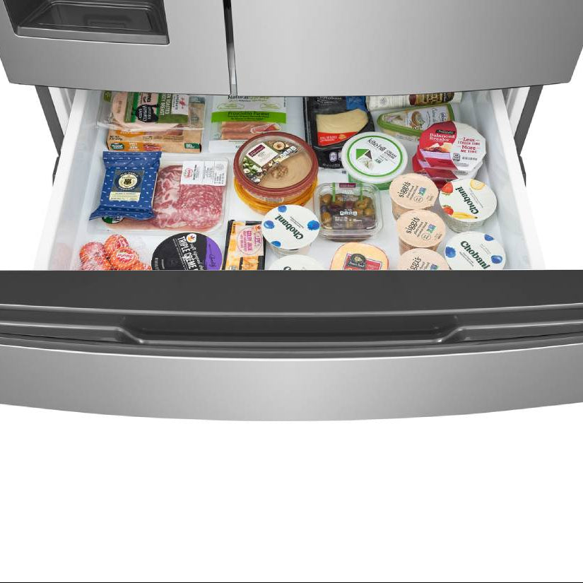 Réfrigérateur à portes françaises 36 po, 26,3 pi³ Inox avec Distributeur externe d'eau/glaçons et Tiroir convertible