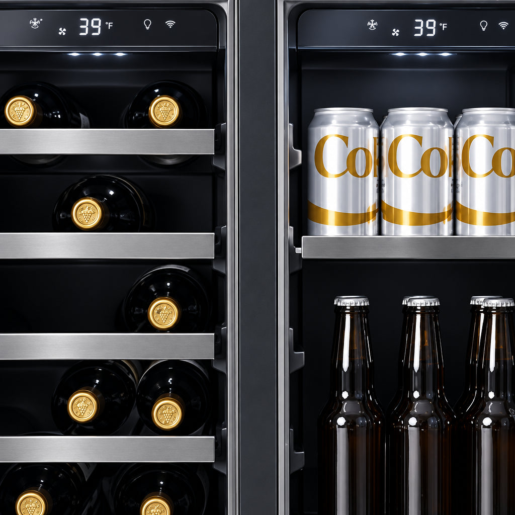 Cellier/Centre de breuvages 24 po, 21 bouteilles et 64 canettes Noir à 2 zones avec Technologie Low-E Argon