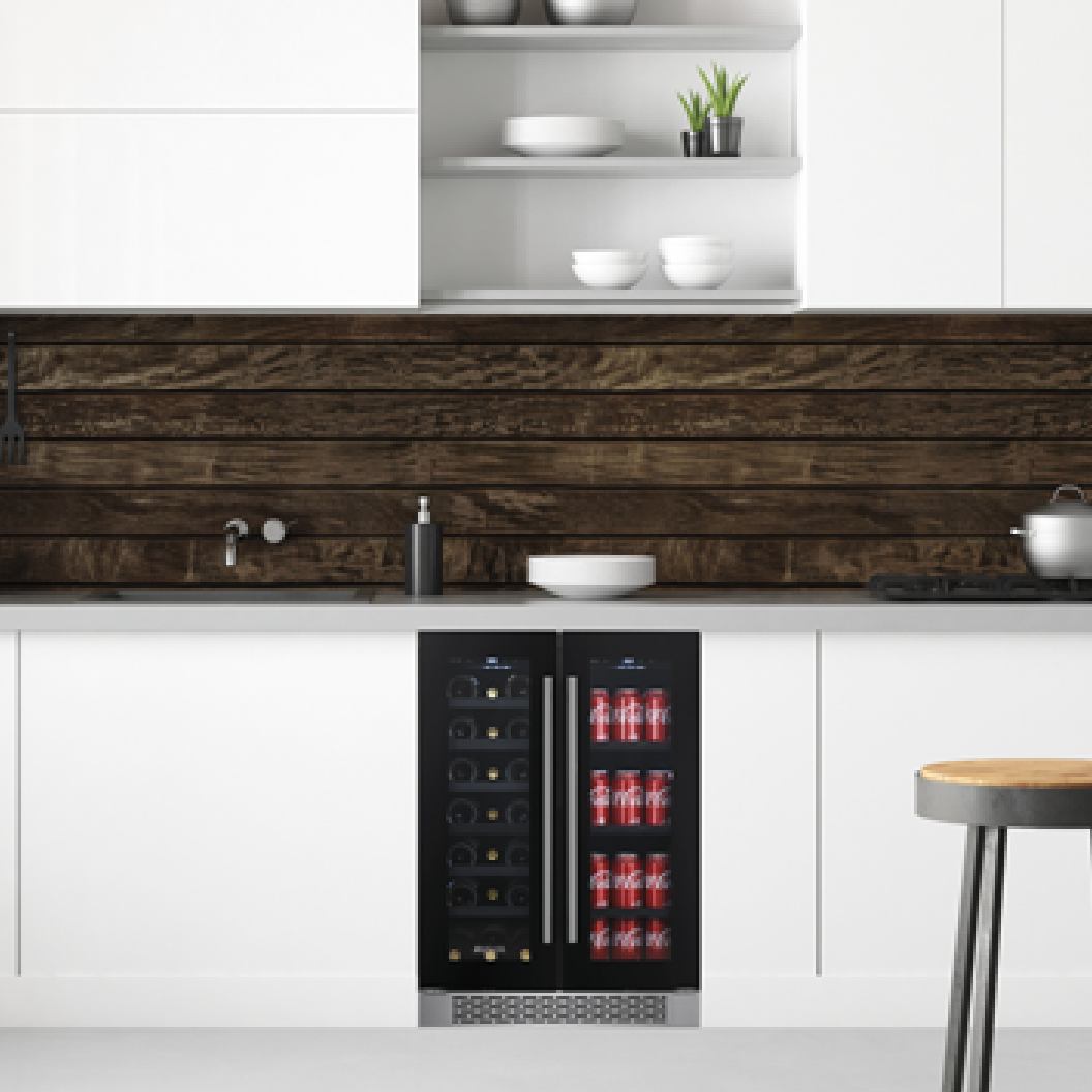 Combiné Cellier/Centre de breuvages porte française 24 po, 21 bouteilles & 64 canettes Noir - 2 zonesw
