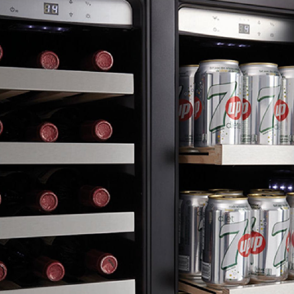 Cellier/Centre de breuvages 24 po, 21 bouteilles et 64 canettes Inox à 2 zones avec Technologie Low-E Argon