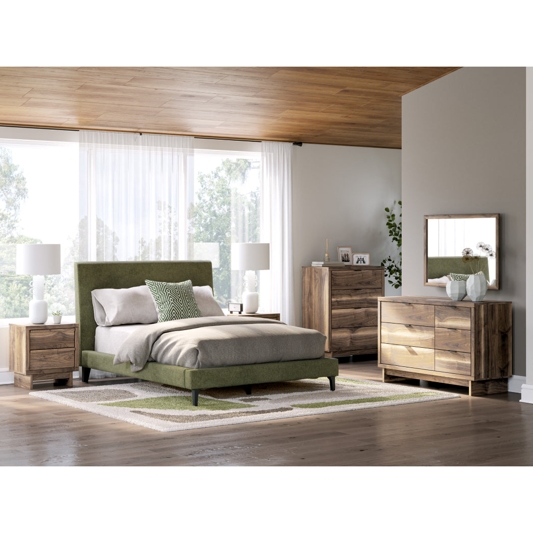 Lit complet rembourré en tissu vert sauge à profil bas Double / Grand / Très grand - Chirason