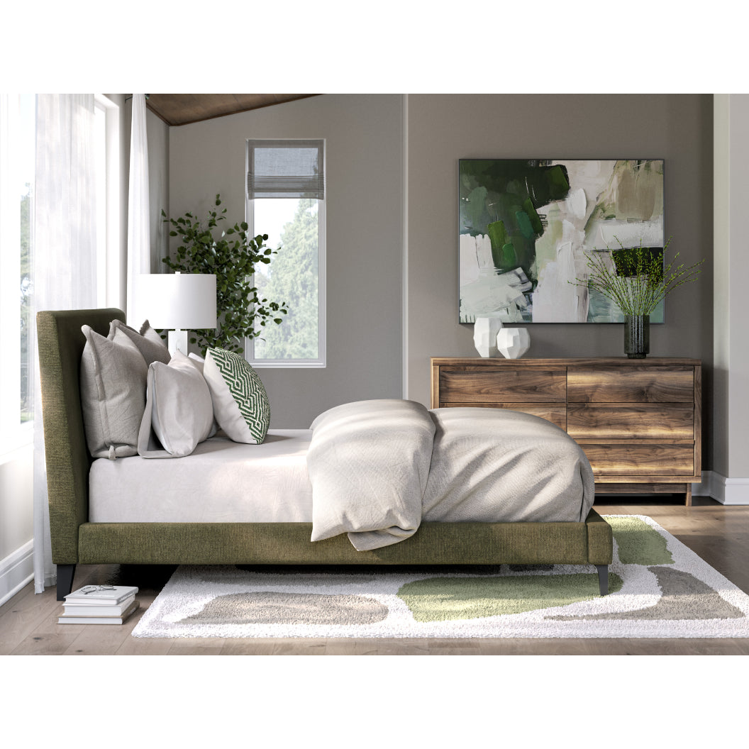 Lit complet rembourré en tissu vert sauge à profil bas Double / Grand / Très grand - Chirason