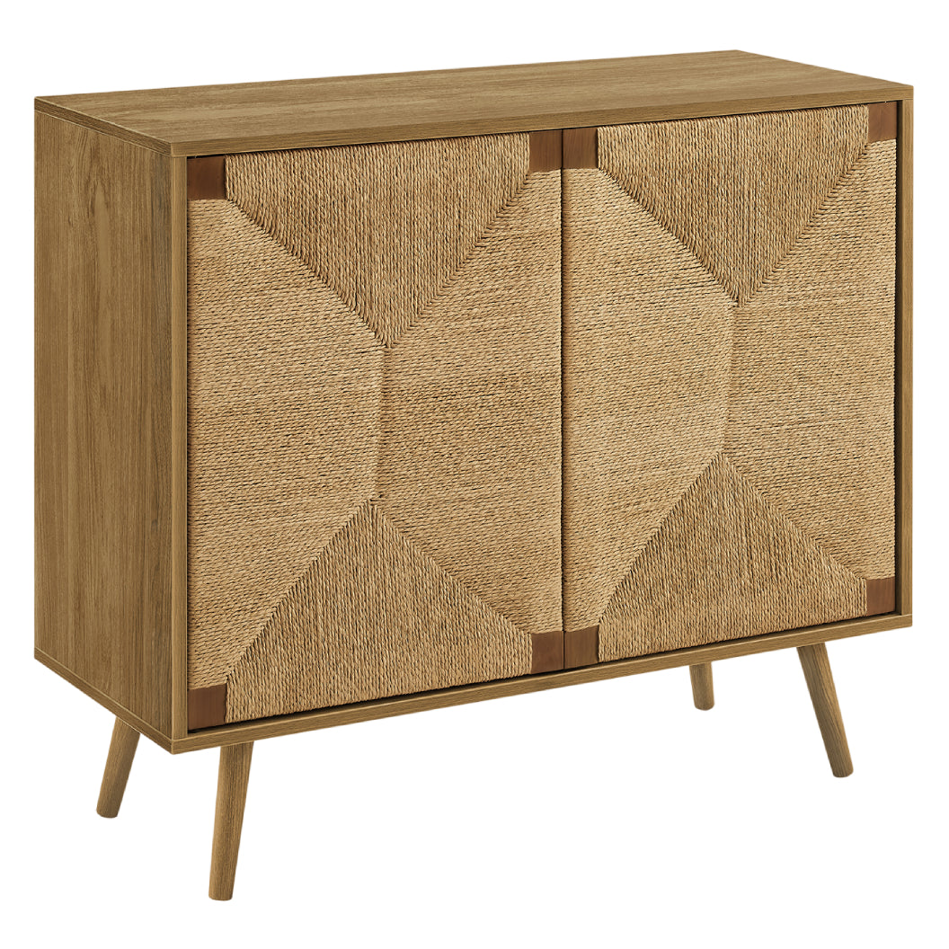 Meuble console en bois/MDF noyer clair avec 2 portes en jonc de mer - I 2729