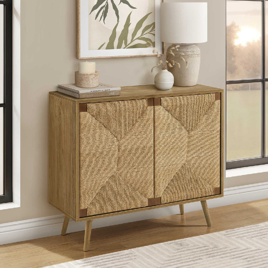 Meuble console en bois/MDF noyer clair avec 2 portes en jonc de mer - I 2729