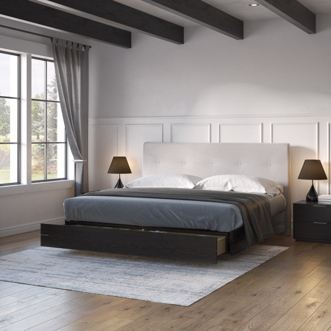 Lit complet avec tête rembourrée en tissu crème et une base à tiroirs Grand lit / Très grand lit - Sofia