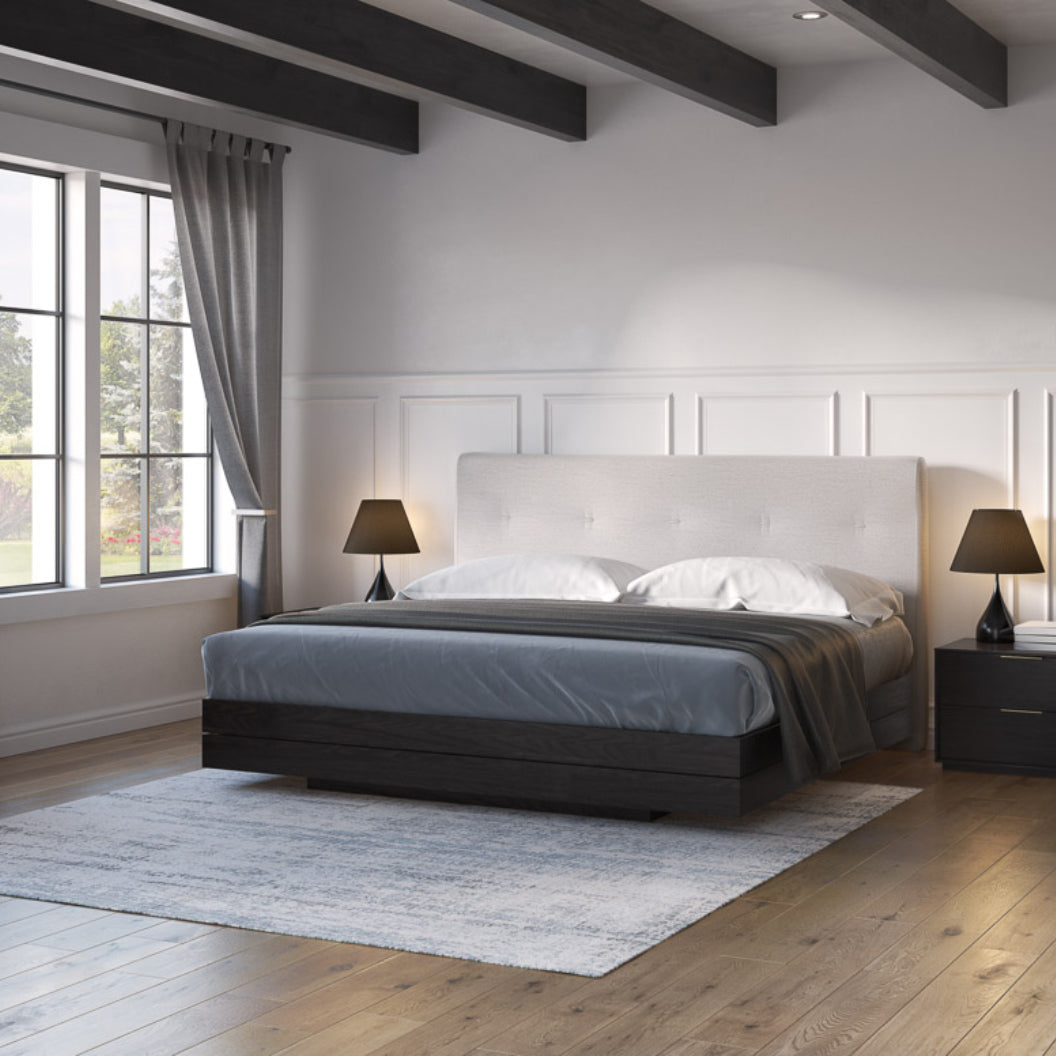 Lit complet avec tête rembourrée en tissu crème et une base en noyer Grand lit / Très grand lit - Sofia