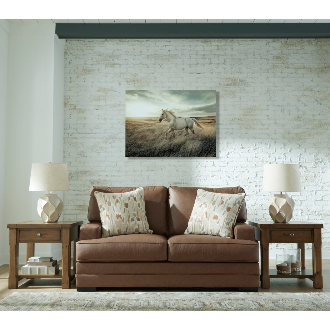 Causeuse aspect cuir brun caramel avec coussins - VillaCourt