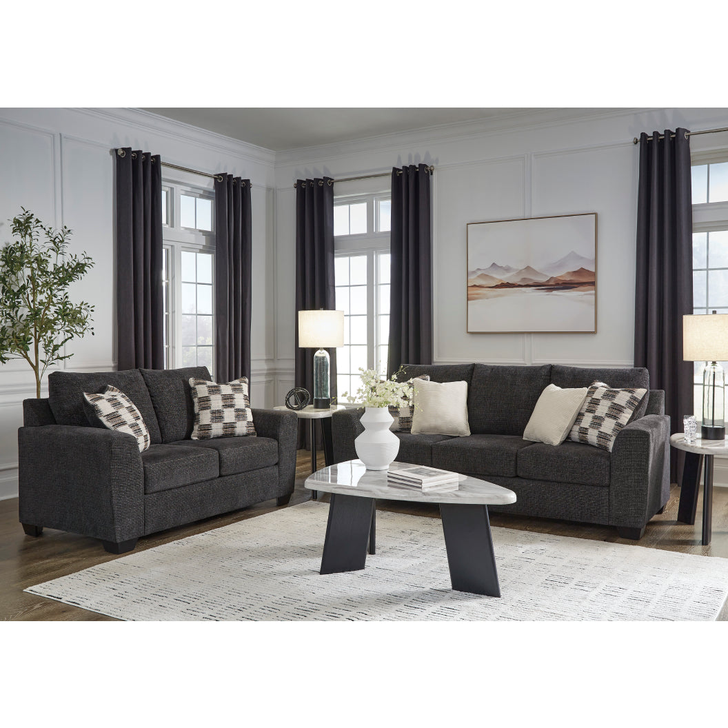 Causeuse en tissu noir ébène avec coussins - Loreo