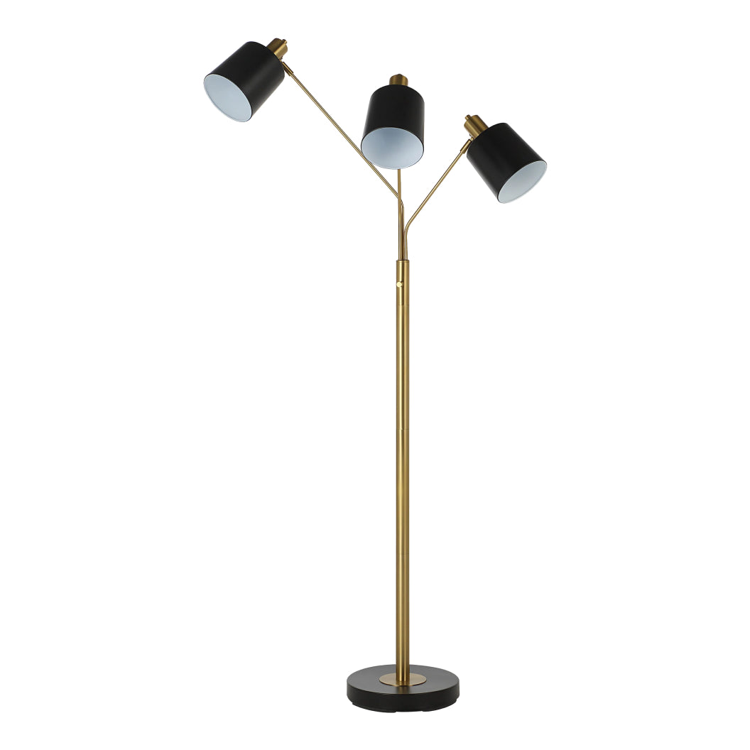 Lampe sur pied à 3 lumières en fer noir mat et laiton plaqué 71 po - Meander