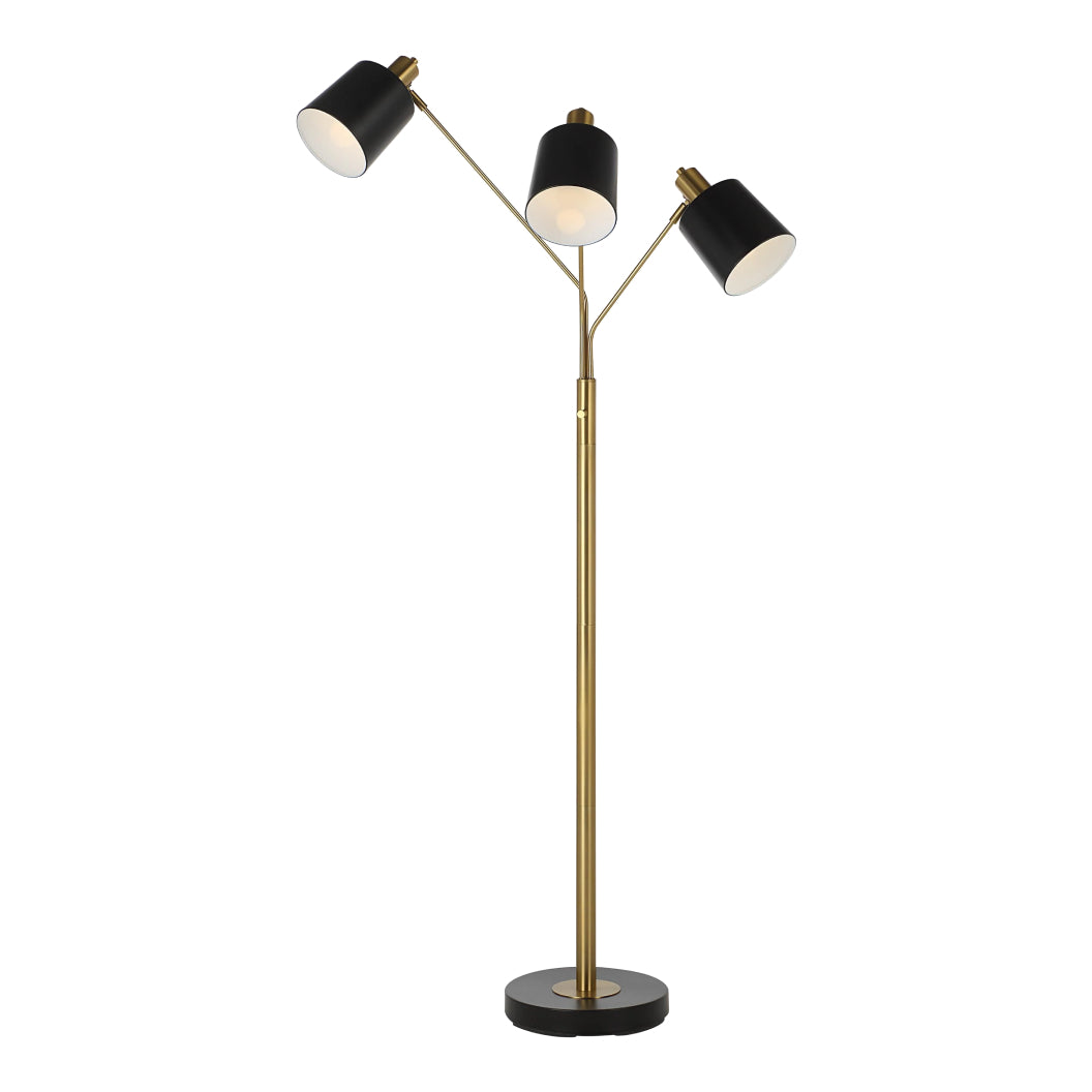 Lampe sur pied à 3 lumières en fer noir mat et laiton plaqué 71 po - Meander