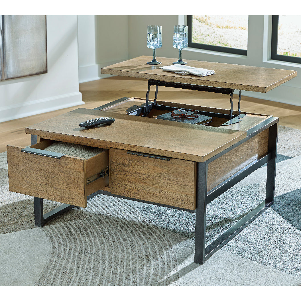 Table basse en placage/MDF brun clair avec plateau relevable - Montia