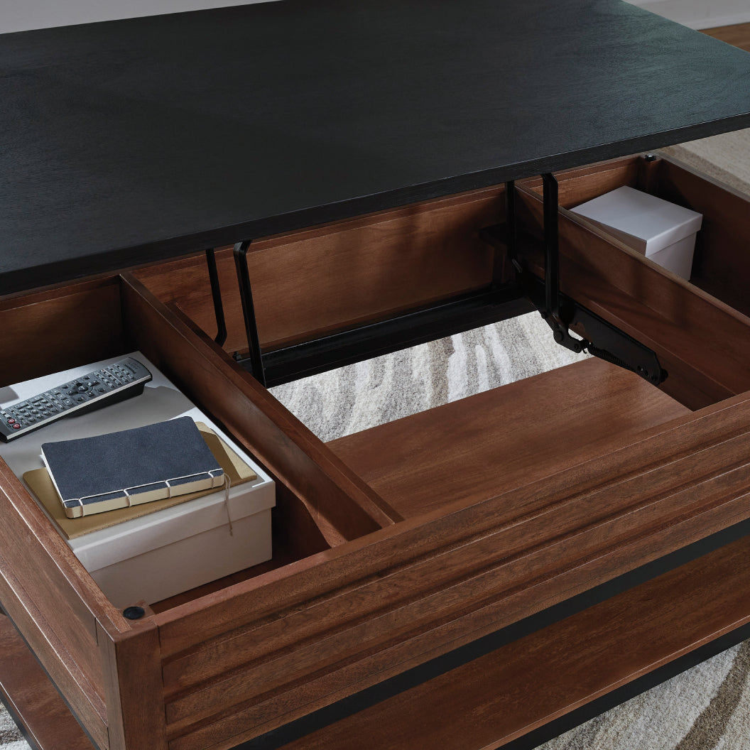 Table basse en bois/MDF bicolore avec plateau relevable - Kallari