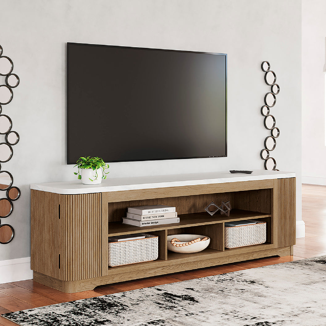 Meuble de télévision XL en mélamine/bois brun clair avec 2 portes - Camdill