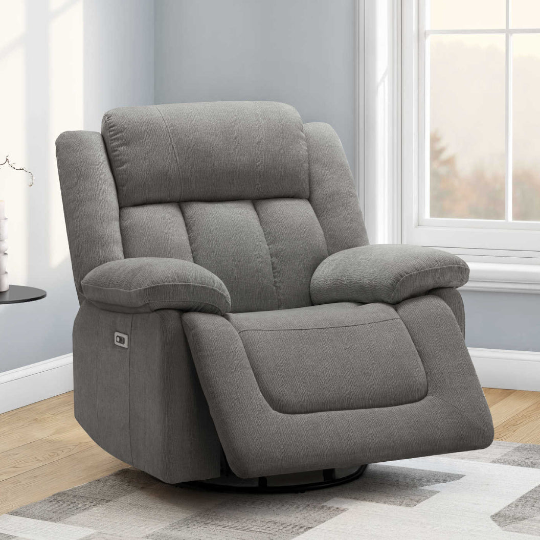 Fauteuil berçant, pivotant et motorisé en tissu avec port USB intégré