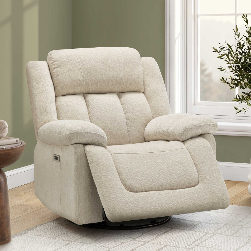 Fauteuil berçant, pivotant et motorisé en tissu avec port USB intégré
