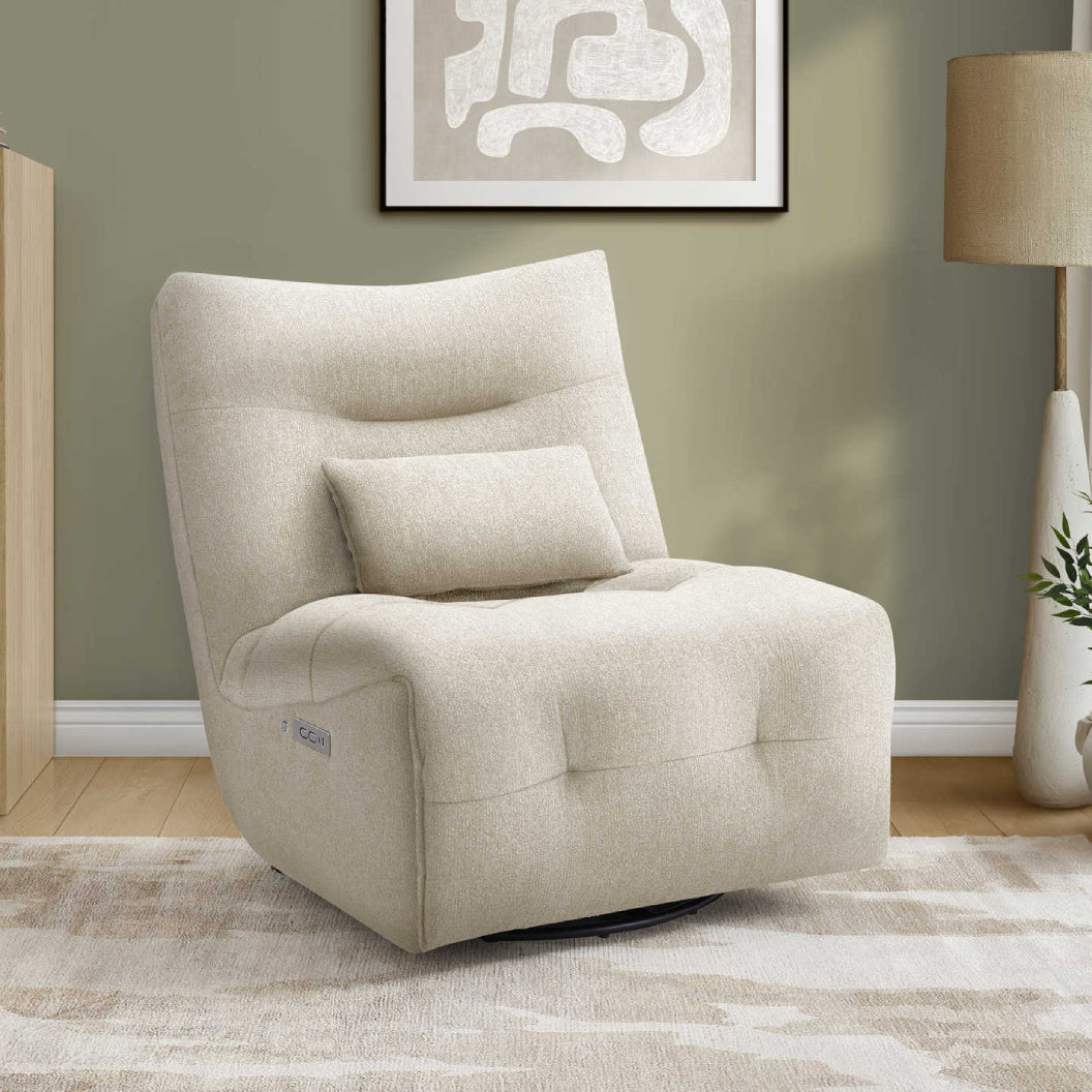 Fauteuil berçant, pivotant et motorisé en tissu avec massage chauffant et port USB intégré