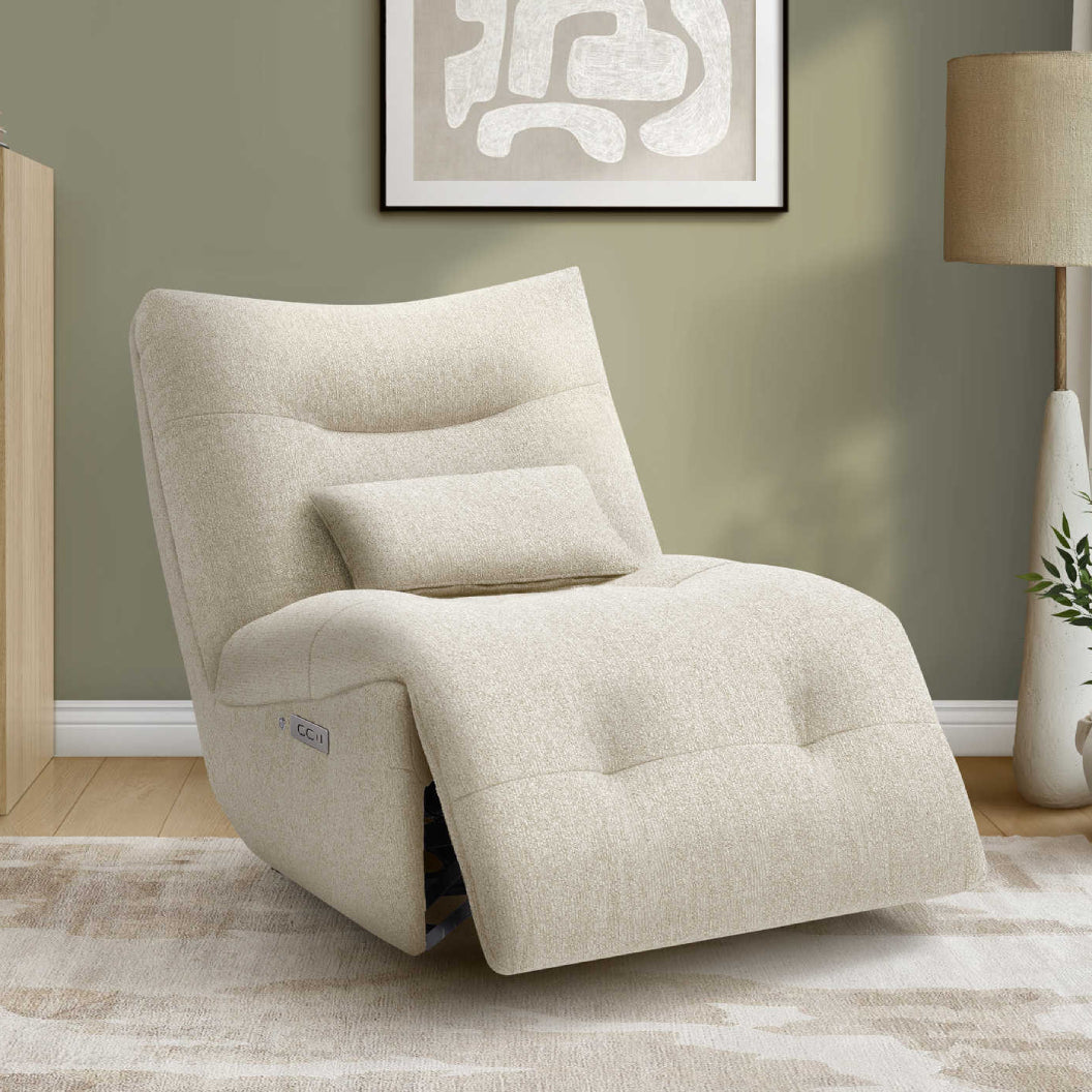 Fauteuil berçant, pivotant et motorisé en tissu avec massage chauffant et port USB intégré