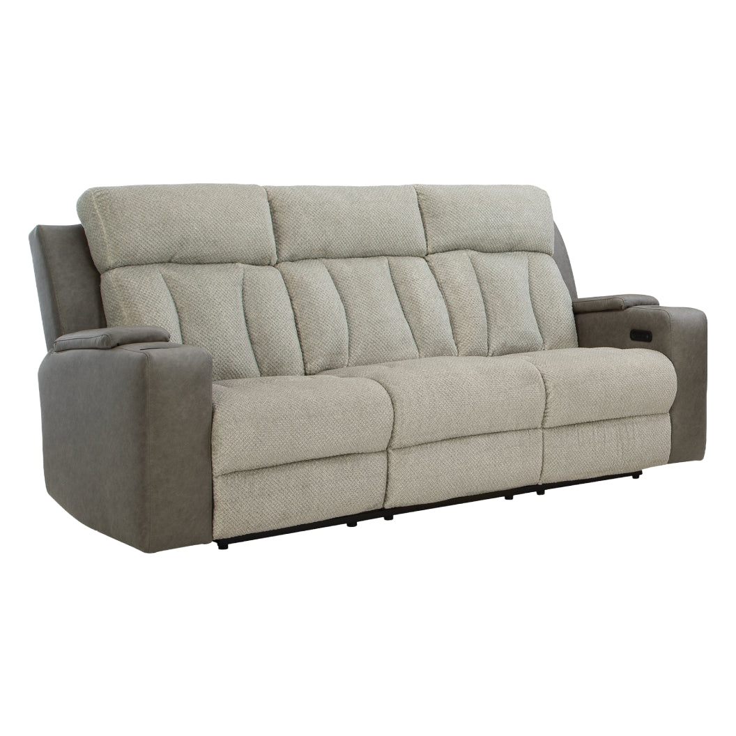 Sofa inclinable motorisé en tissu/aspect cuir gris avec lombaire chauffant, massant et table centrale rabattable - Branthorpe