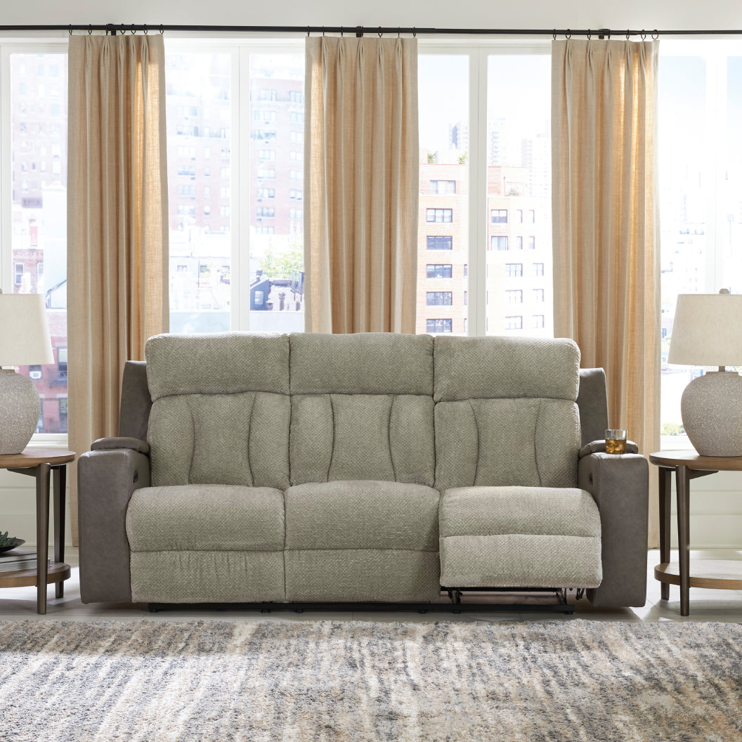 Sofa inclinable motorisé en tissu/aspect cuir gris avec lombaire chauffant, massant et table centrale rabattable - Branthorpe