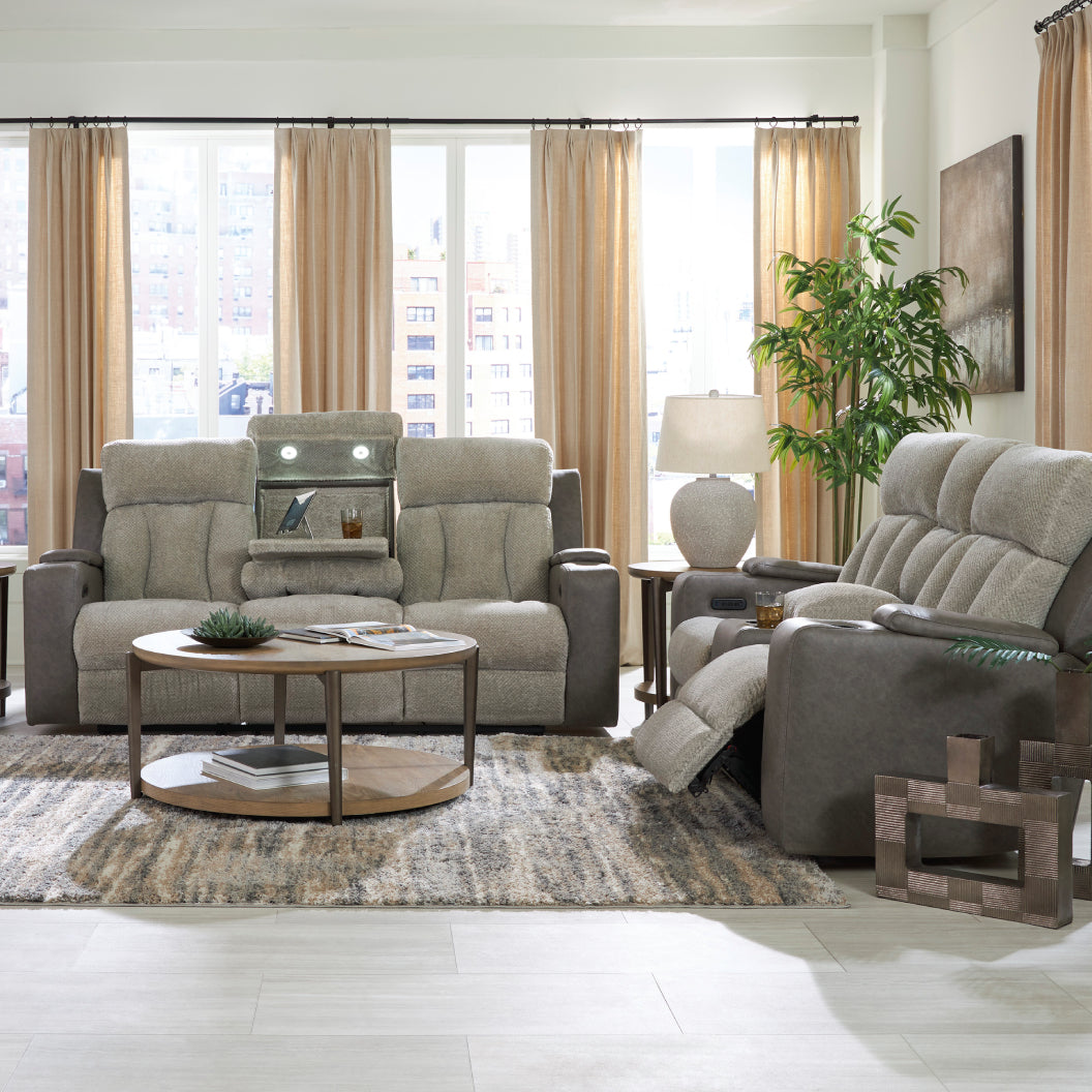 Sofa inclinable motorisé en tissu/aspect cuir gris avec lombaire chauffant, massant et table centrale rabattable - Branthorpe