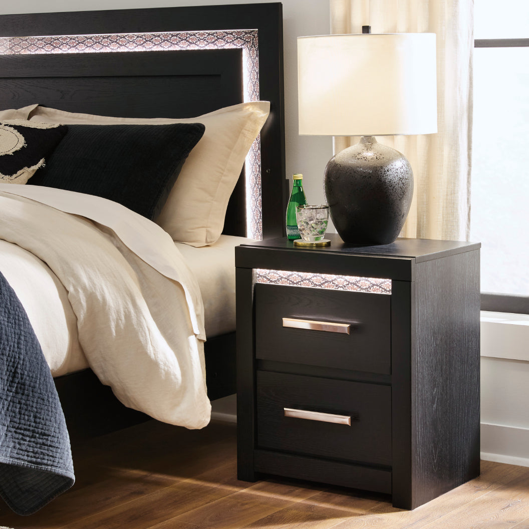 Table de chevet à 2 tiroirs en bois/MDF noir avec éclairage DEL et port USB intégrés - Shoralli
