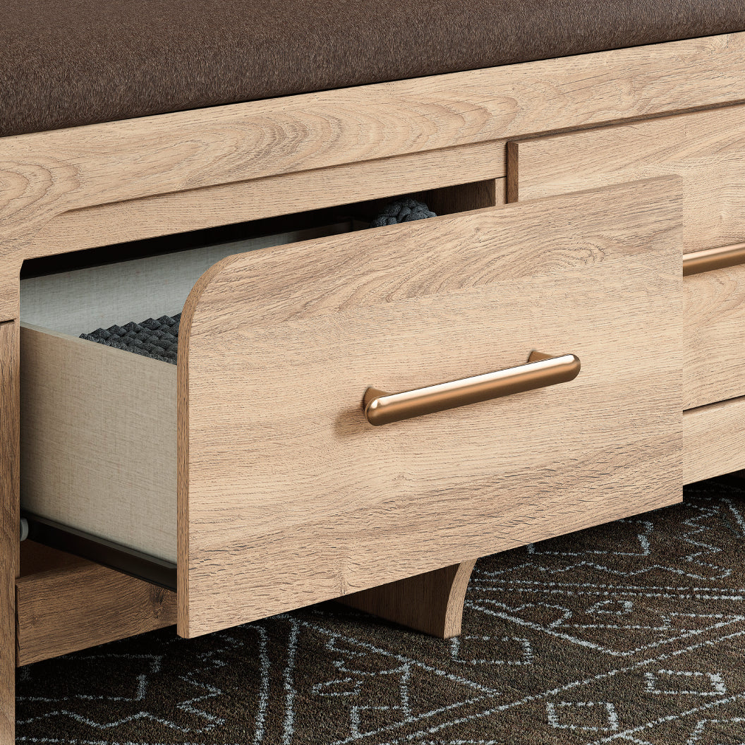 Banc de rangement en tissu brun et en bois/MDF tan avec 2 tiroirs - Kinlanni