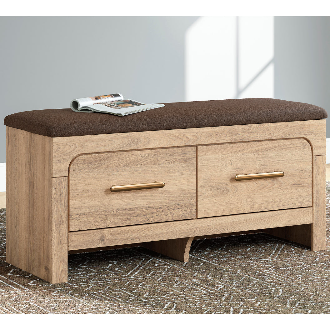 Banc de rangement en tissu brun et en bois/MDF tan avec 2 tiroirs - Kinlanni