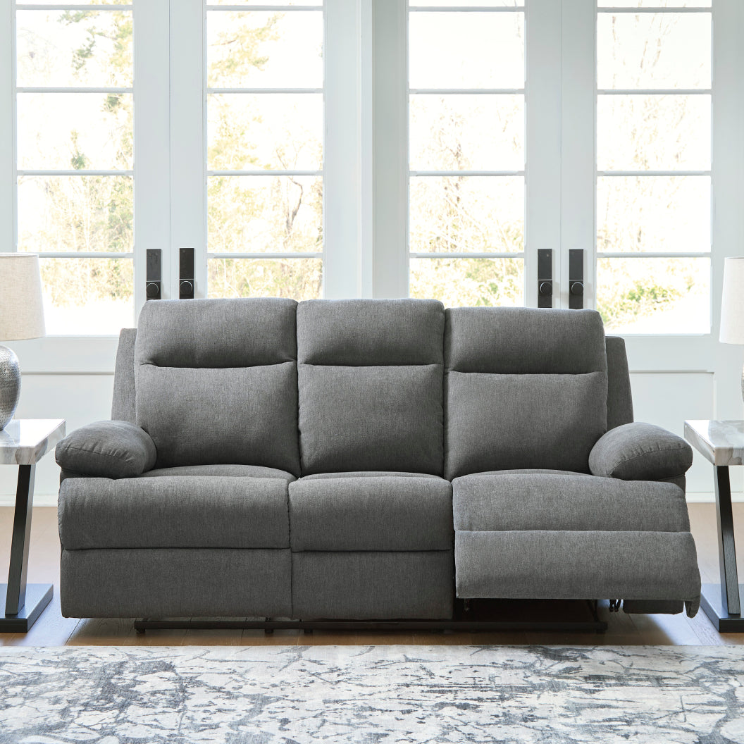 Sofa inclinable en tissu chenille gris charcoal avec table centrale rabattable - Side-Swipe