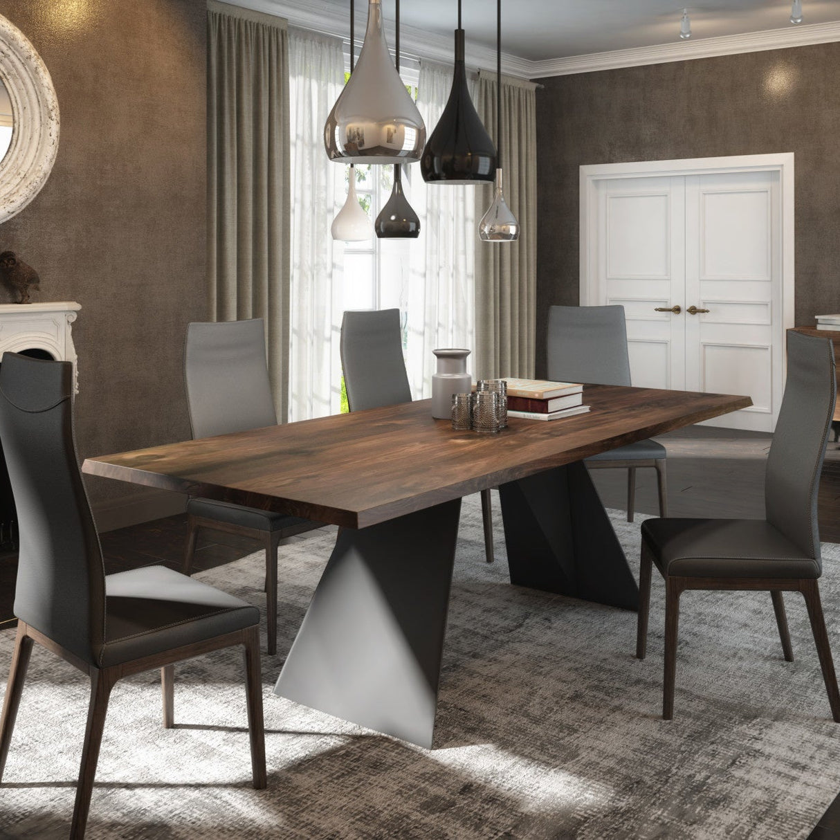 Chaise de salle à manger rembourrée en cuir et bois de chêne teinte noyer - Amy